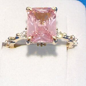 Princess Cut Pink Cubic Zirconia Ring - Gold Plated Brass, Size 8